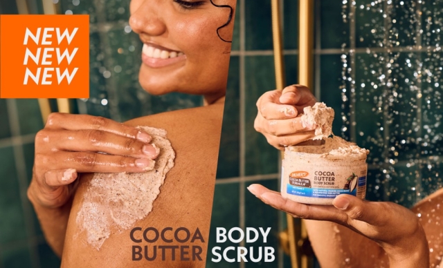 Palmer’s Cocoa Butter Body Scrub shown with the words NEW NEW NEW and a smiling woman using the scrub in shower